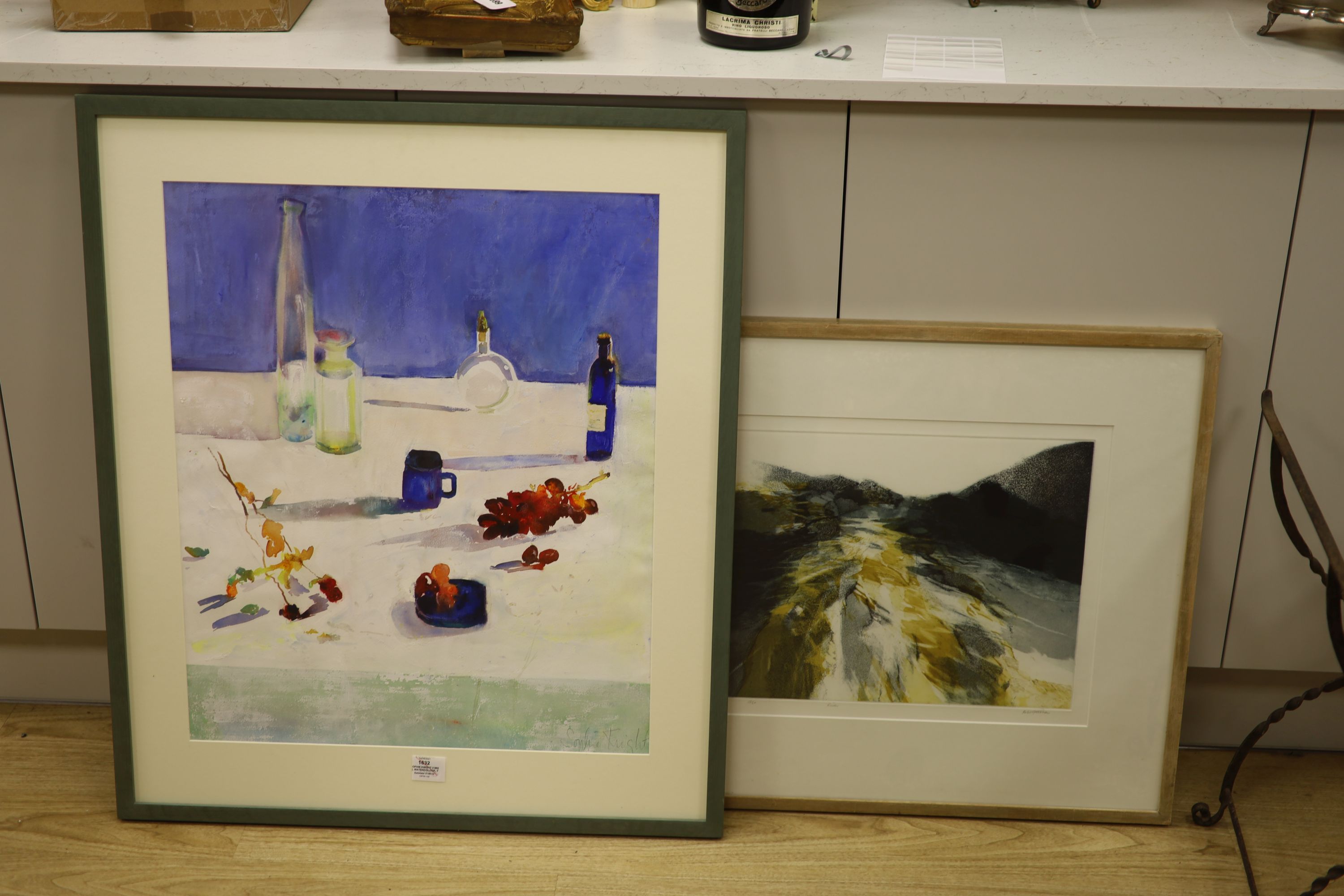 P. Matthews, colour etching, 'River', signed, 28/50, 34 x 46cm and Sophie Knight (1965-), watercolour, Table top still life, signed, 67 x 55cm